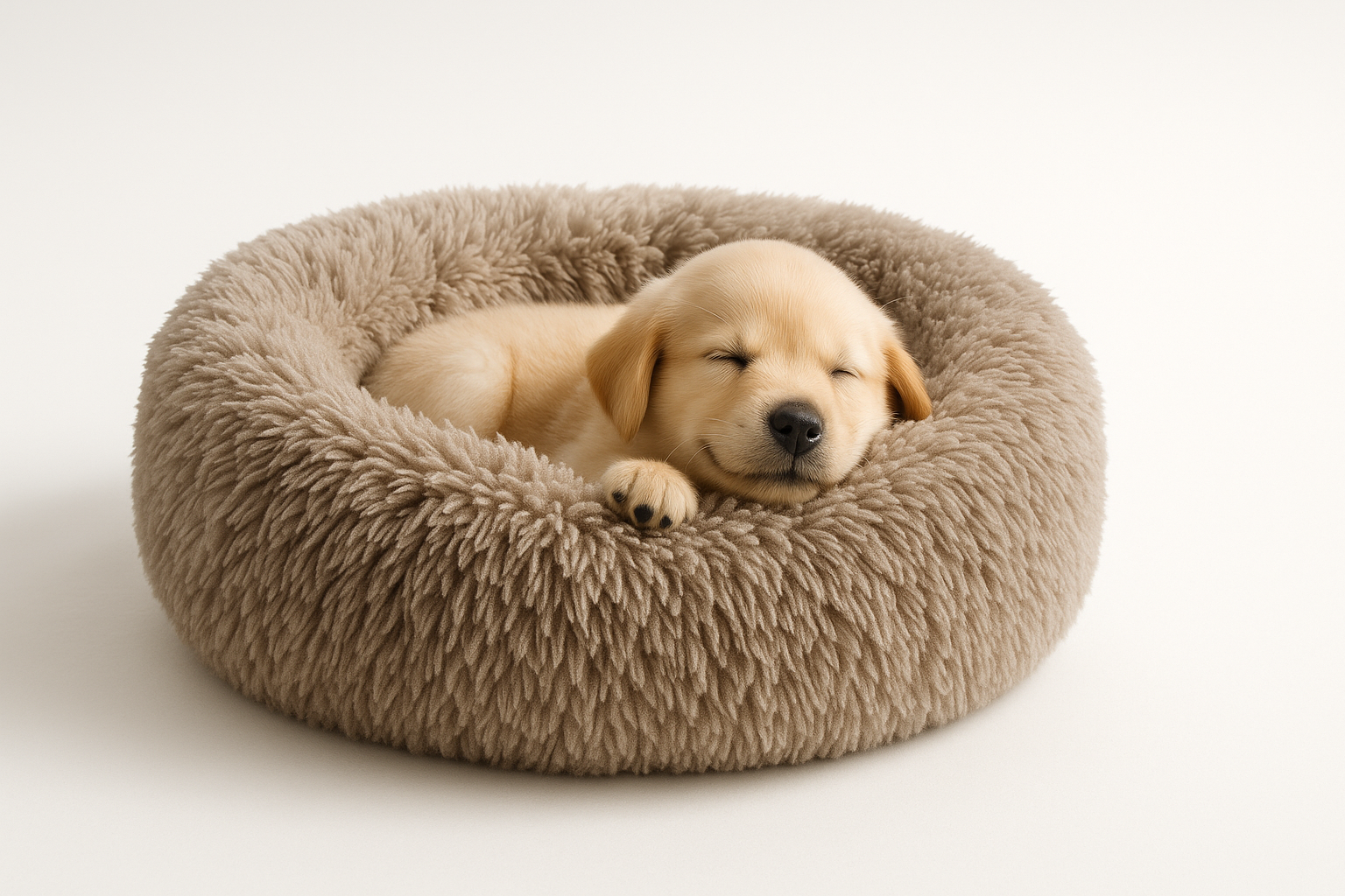 Imagen de portada para Shopify y redes sociales en el rubro Pet Supplies.
Una cama calmante premium para perros y gatos en el centro, sobre un fondo minimalista blanco con sombras suaves.
Un perrito pequeño descansando feliz dentro de la cama.
Estilo limpio y profesional, pensado para branding SEO y e-commerce.
Formato horizontal 16:9, diseño tipo catálogo de producto premium.